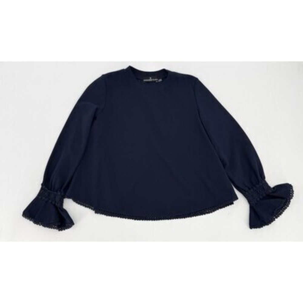 Pomander Place Blouse Womens Medium Blue Bell Sleeve Crochet Trim Ruffle Top